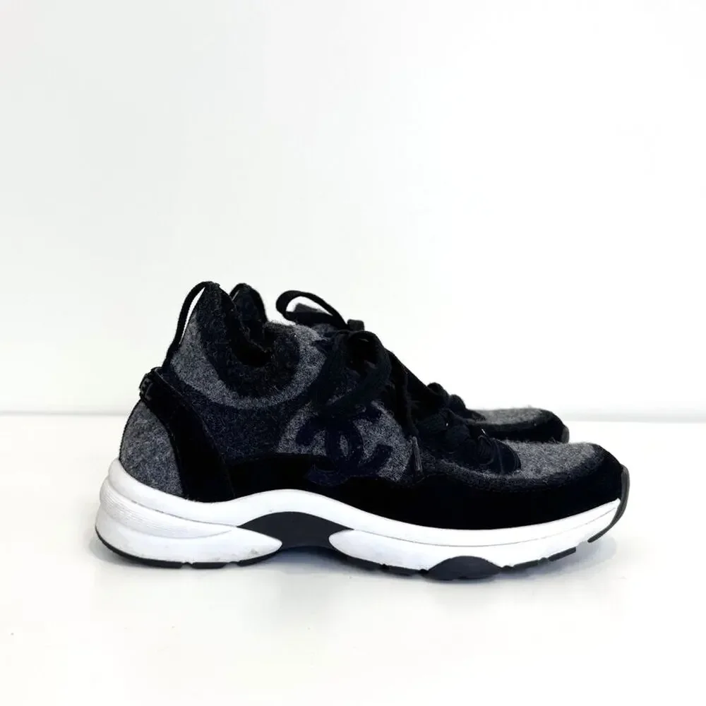 CHANEL Black Grey Knit Wool Fabric Suede CC Logo Sneakers 37 White Trainer Shoes